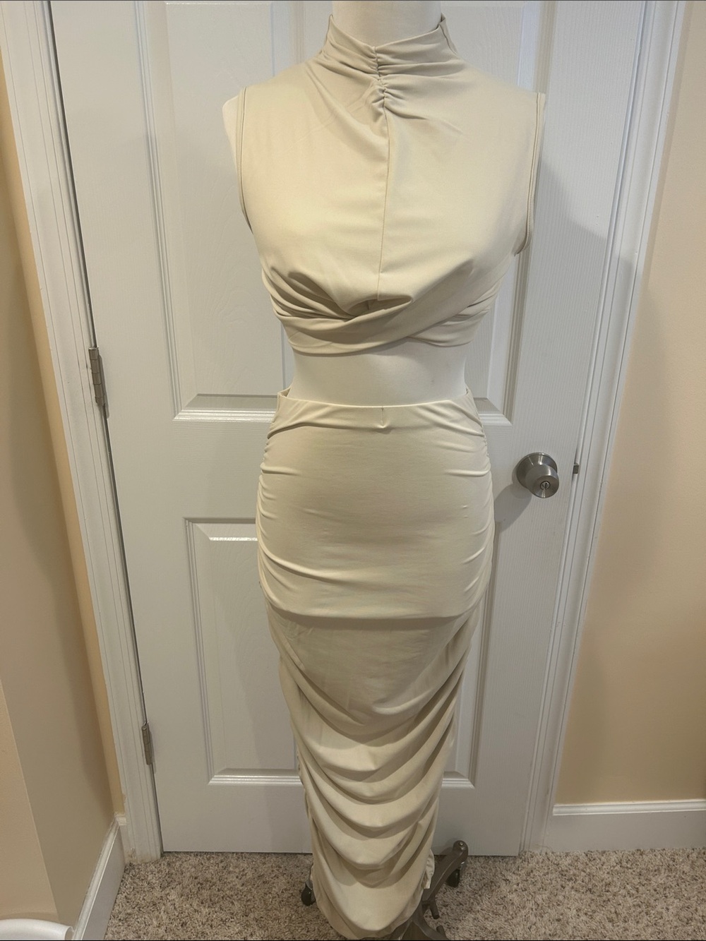 SHEIN Cream Ruched High-Neck Maxi Skirt Set